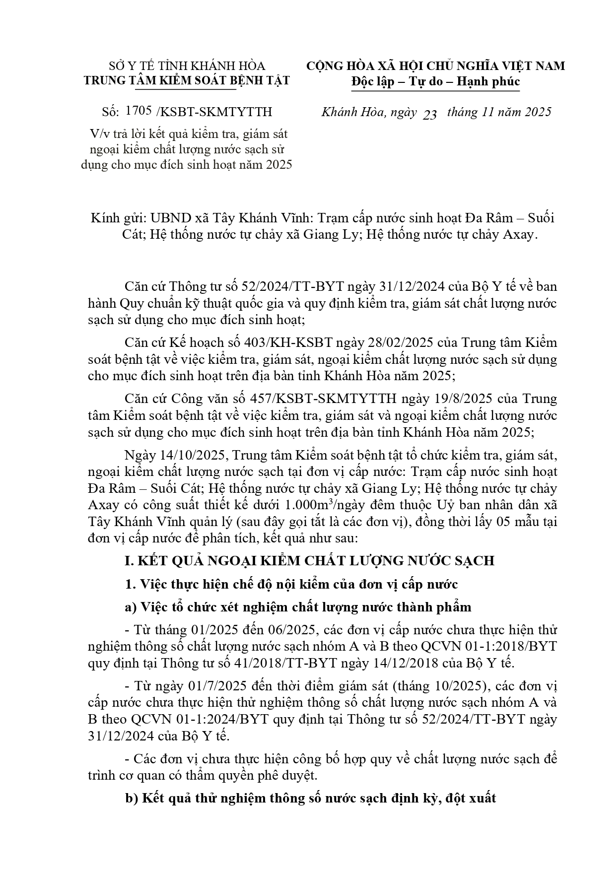 V/v trả lời kết quả kiểm tra, giám sát ngoại kiểm chất lượng nước sạch sử dụng cho mục đích sinh hoạt năm 2025